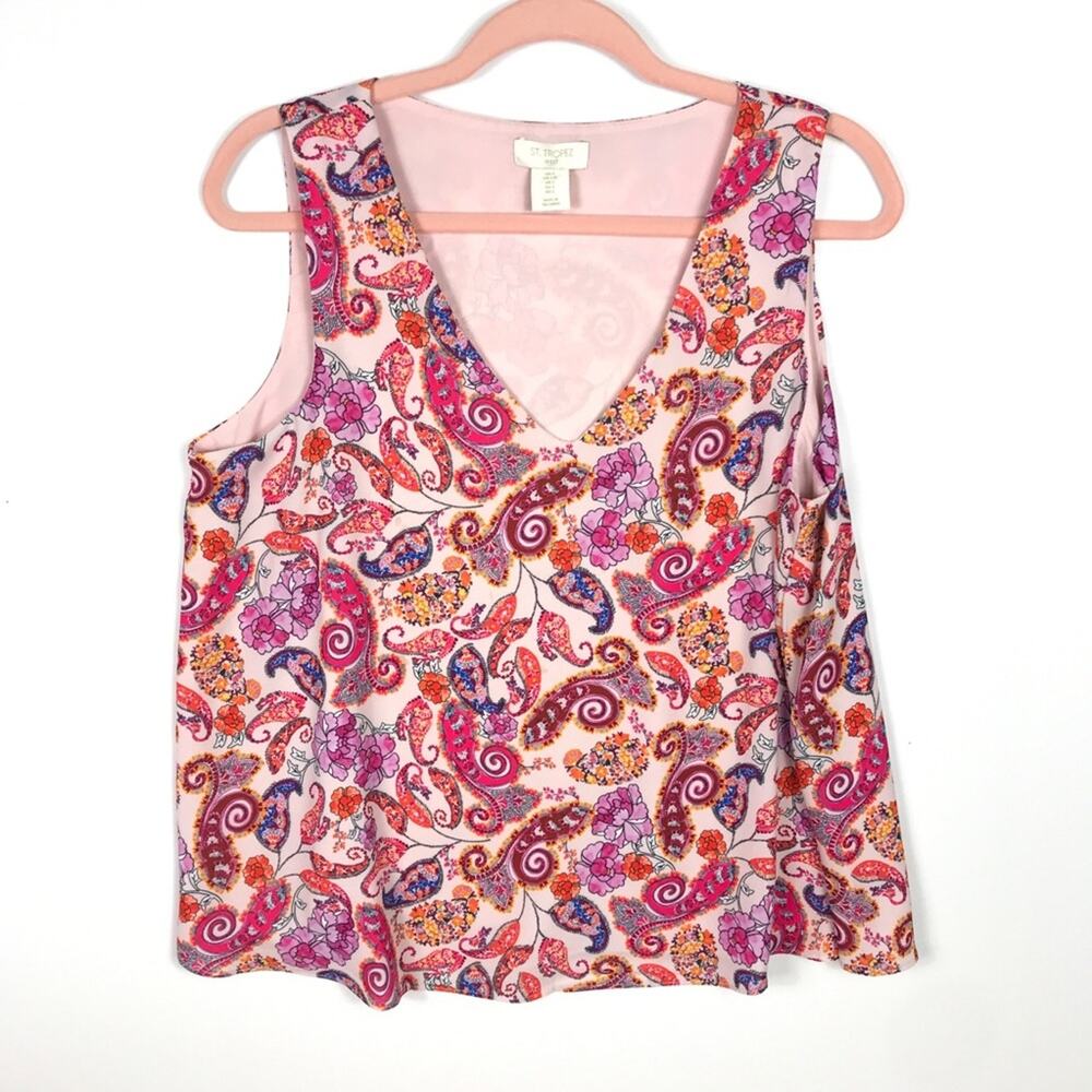 St. Tropez Pink Paisley Sleeveless V-Neck Blouse Size Large